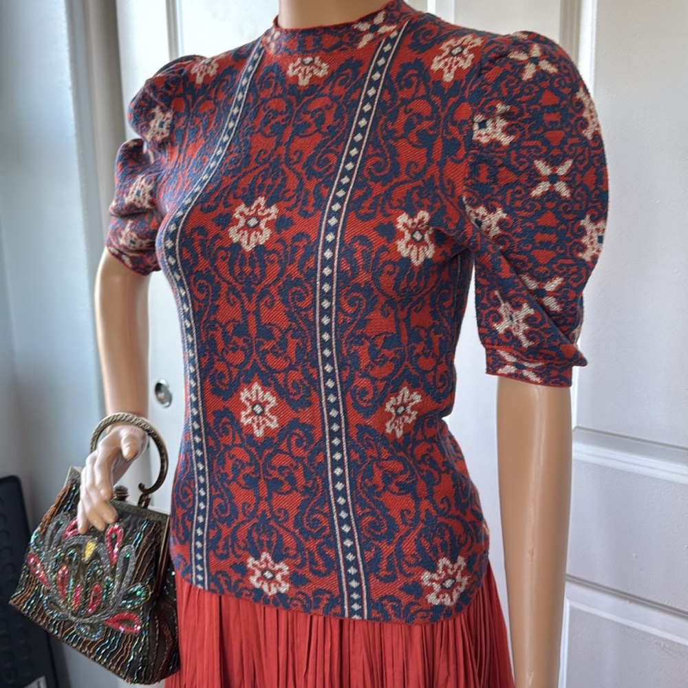Vici BOHEMIAN soft burnt orange blue silver puff sleeve sweater top XS boho